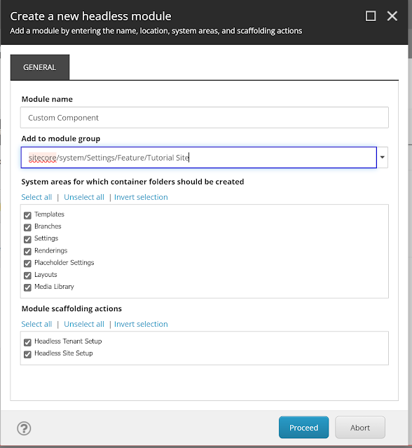 Headless module creation window