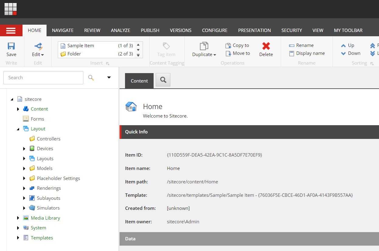 Sitecore CMS dashboard overview